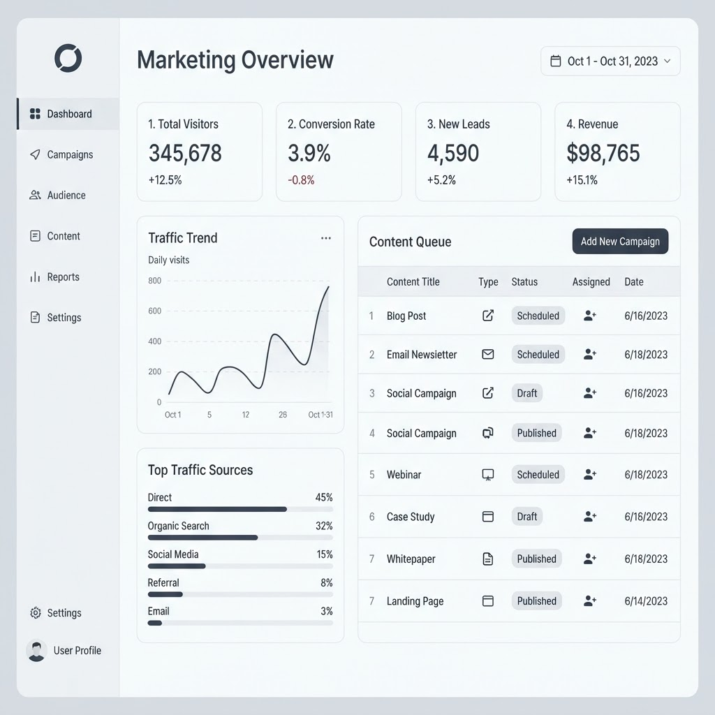 Clout Labs workspace showing campaign performance, content queue and brand voice controls