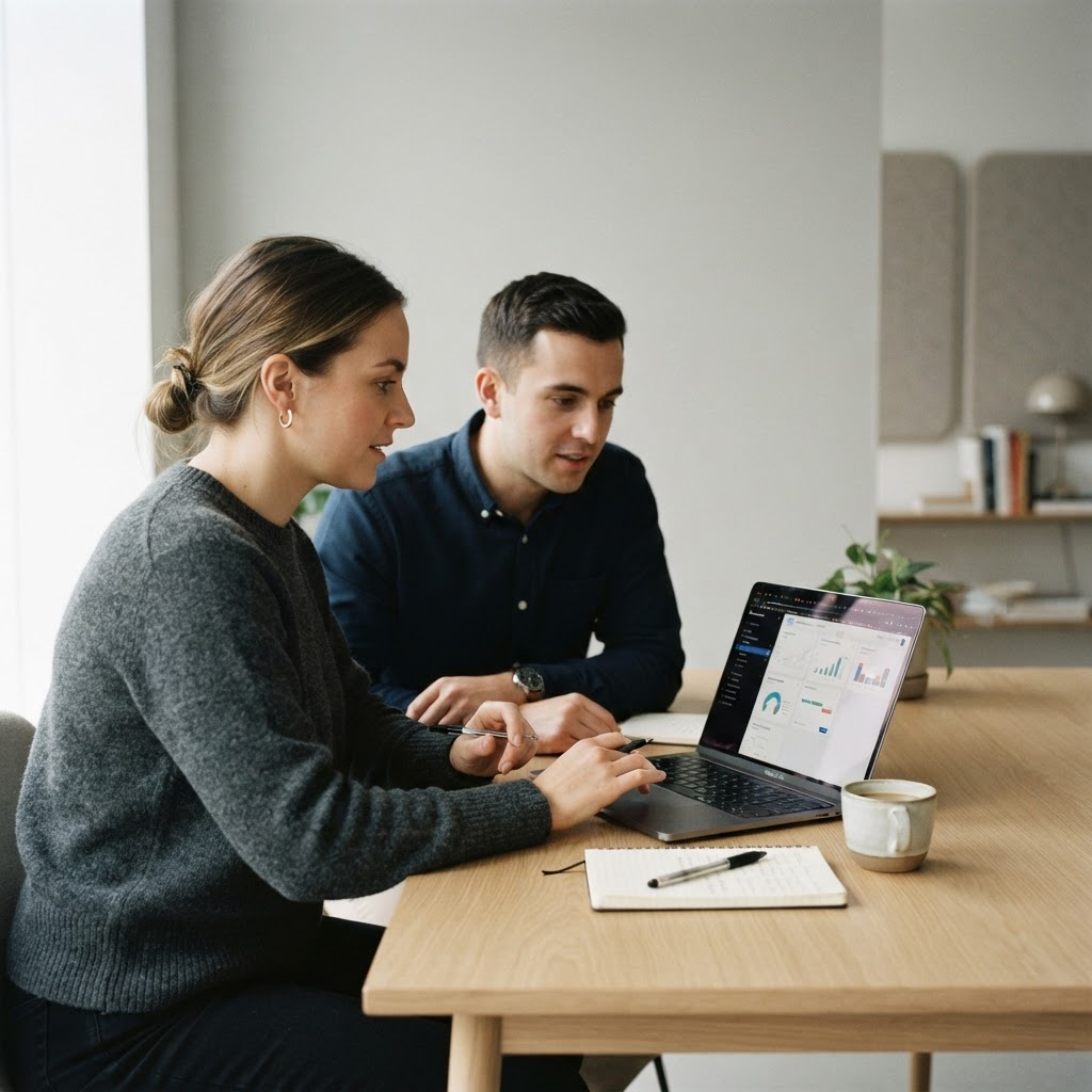 Two strategists reviewing campaign work on a laptop